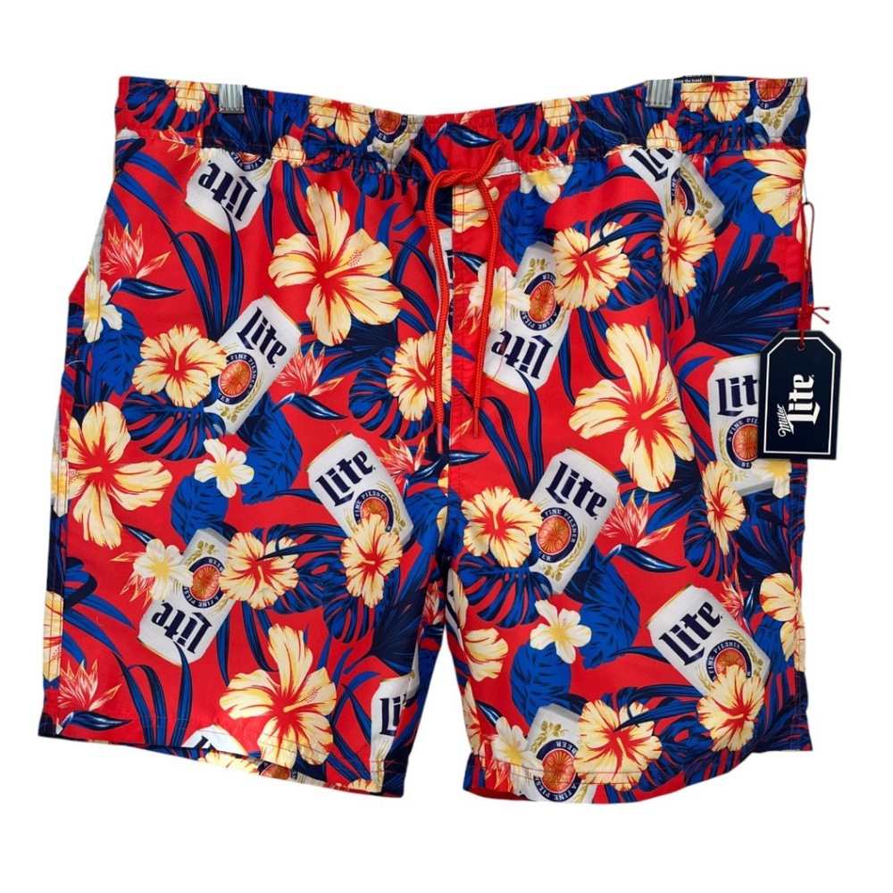 Miller Lite Hibiscus Floral Print Swim Trunks 6.5” Inseam XL